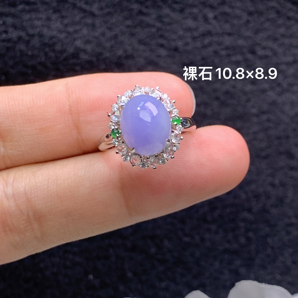 18k金镶嵌天然缅甸翡翠紫罗兰蛋面戒指10.8×8.9