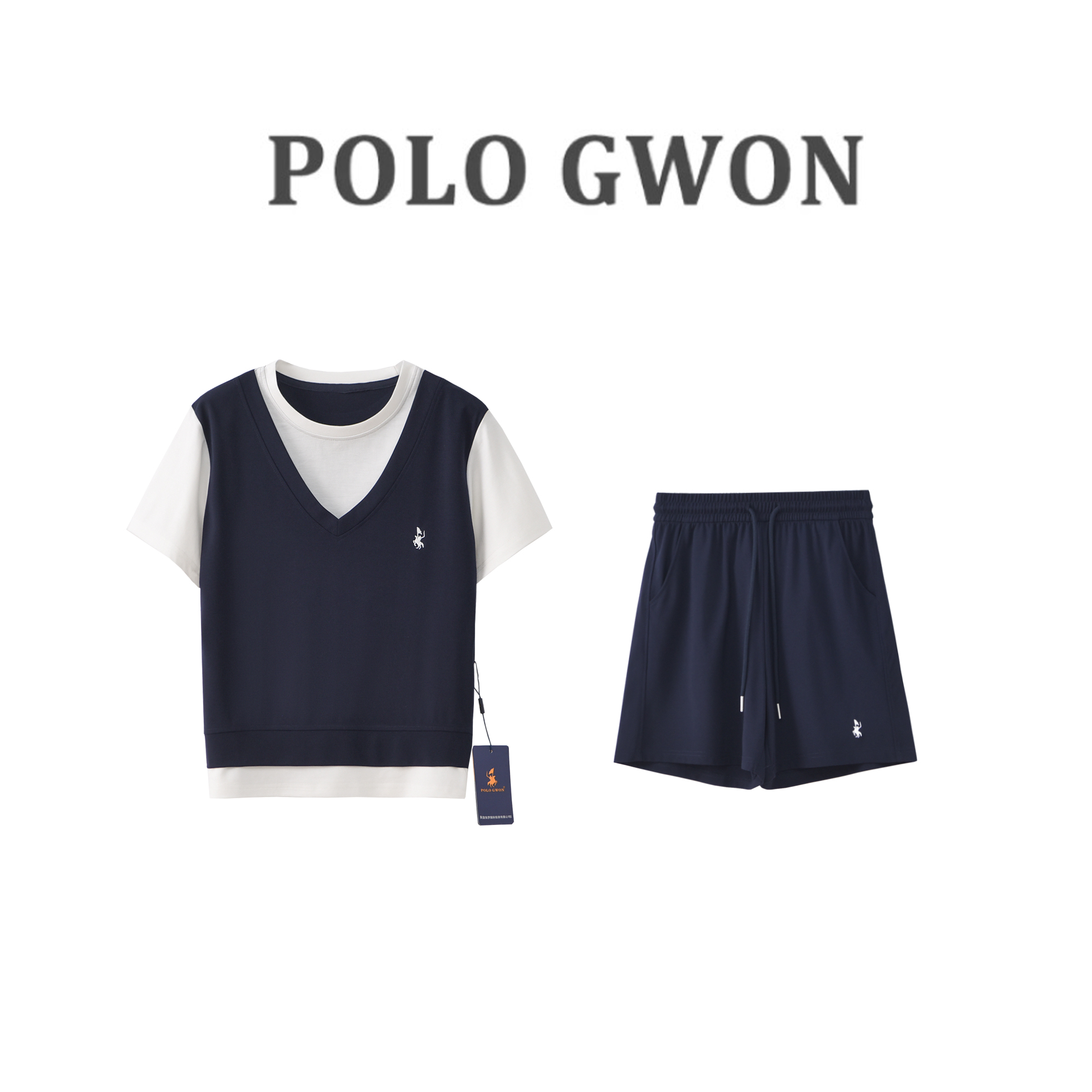 品牌正品POLOGWON/保罗假两件上衣+短裤套装