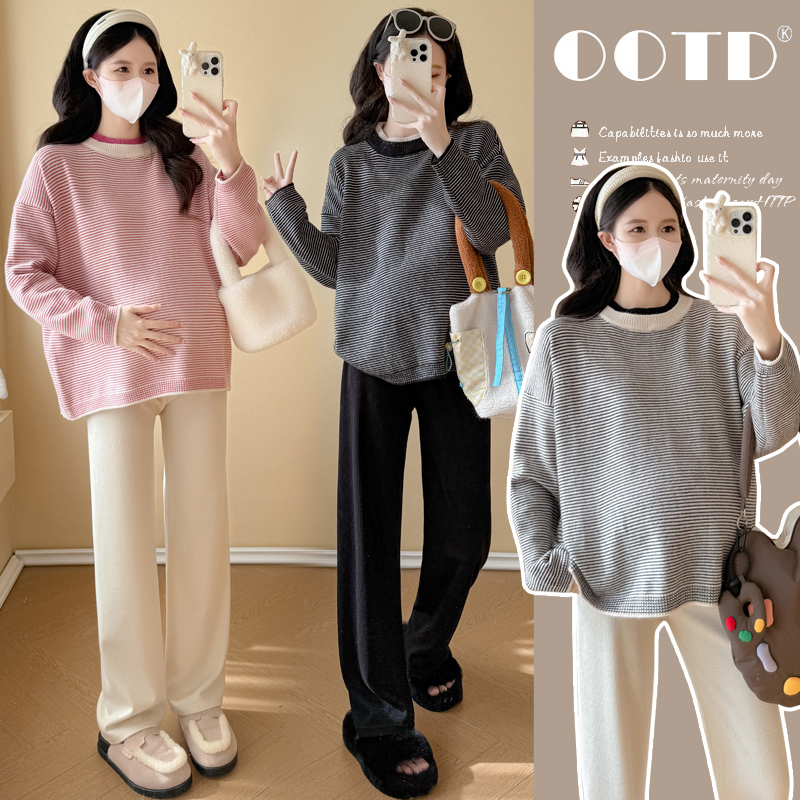 秋冬装时尚慵懒风条纹毛衣新款百搭休闲宽松显瘦孕妇上衣针织衫