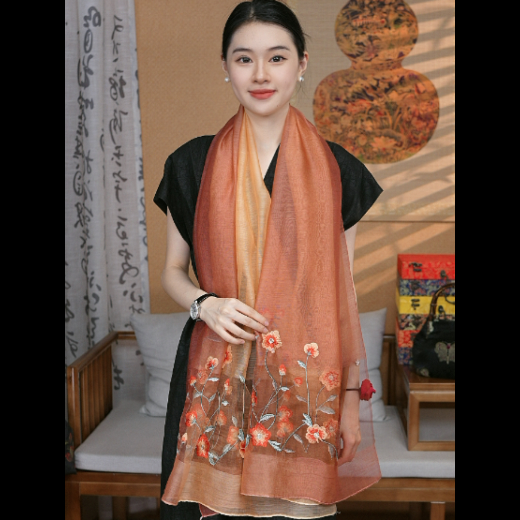 （迎新 渐变橘）洋气百搭丝巾女新款高级感装饰领巾披肩