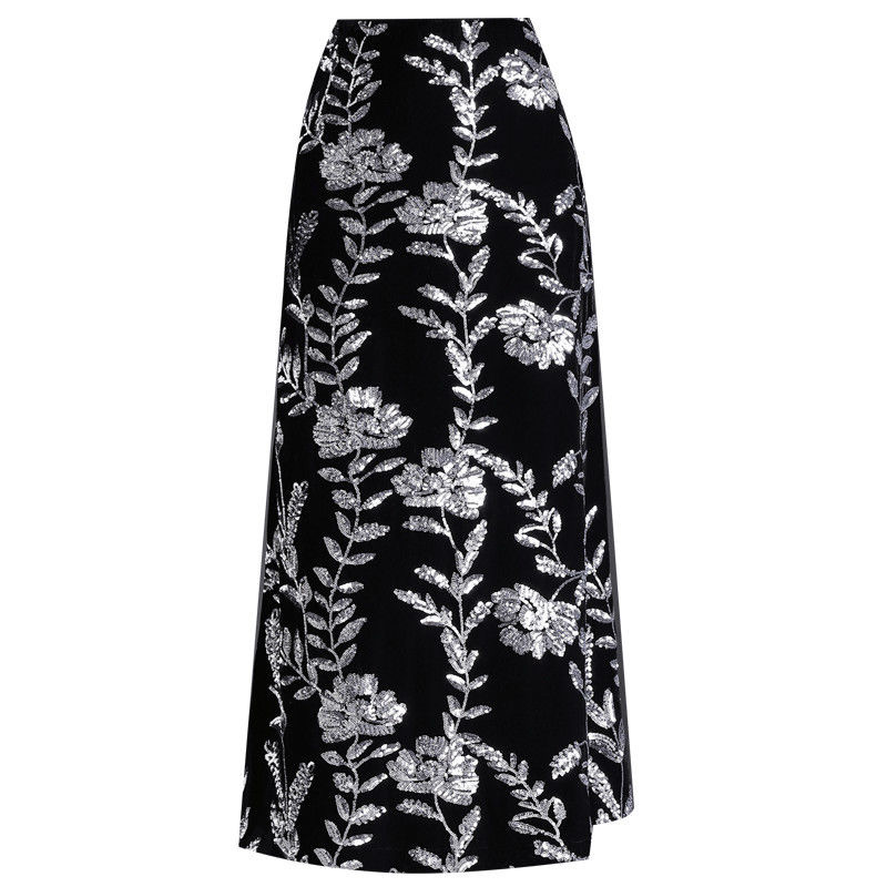 送腰带长裙极简风高腰花卉夏季半身裙黑色裙子显瘦时尚印花女装