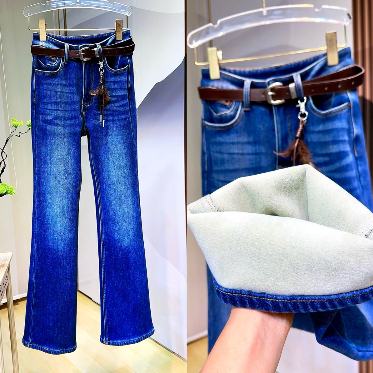 【吉普牛仔】新中式复古刺绣直筒微喇叭百搭加厚加绒保暖牛仔裤