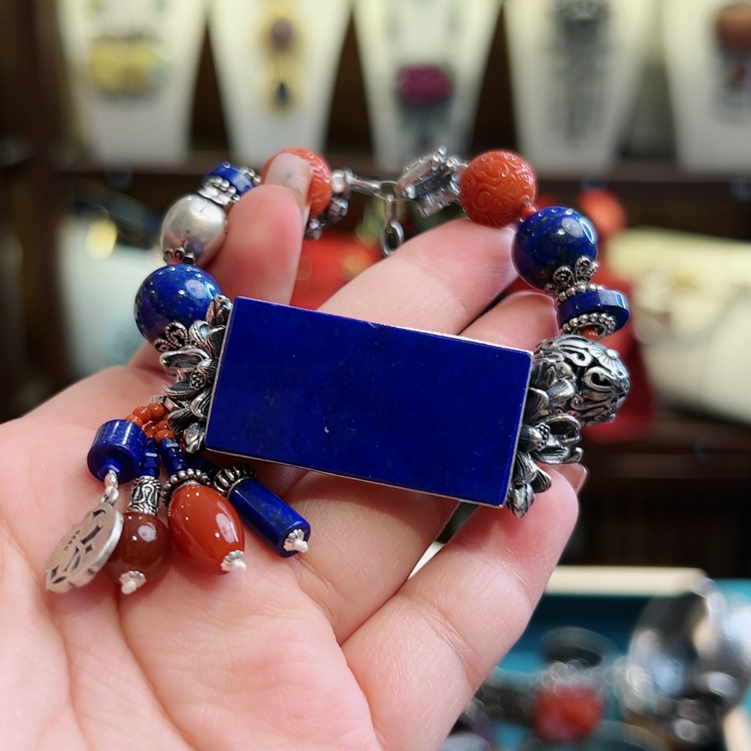 青金石手链银S925镶嵌古风