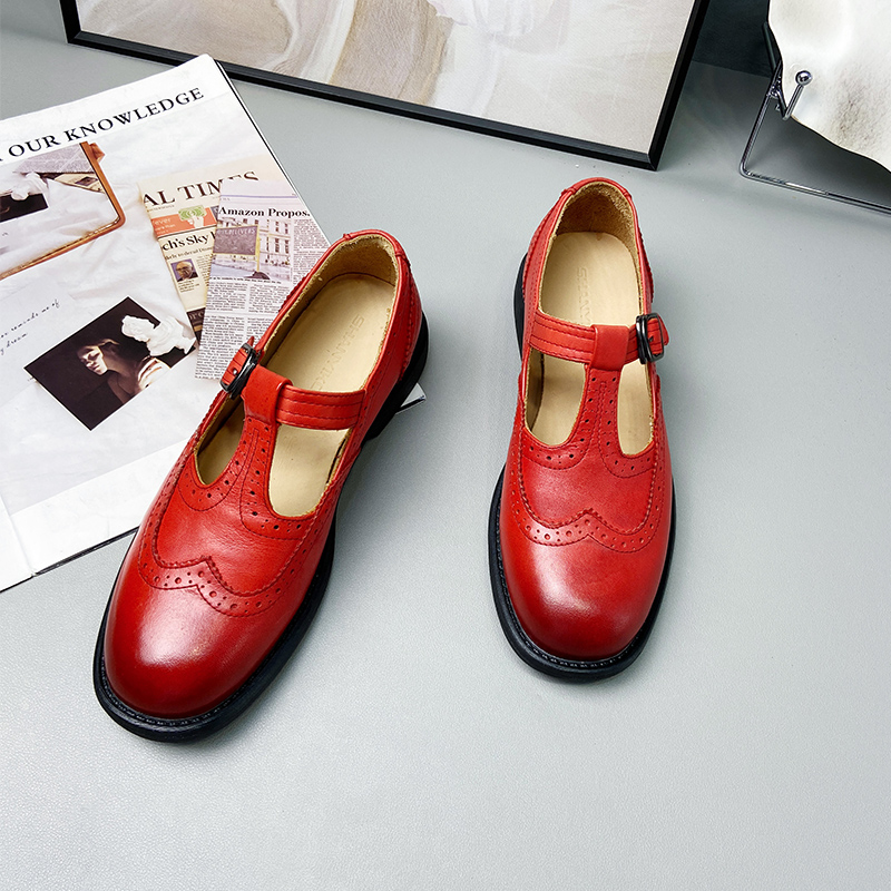 马皮女鞋单鞋2025年新款夏季软底复古玛丽珍红色英伦风方头鞋子
