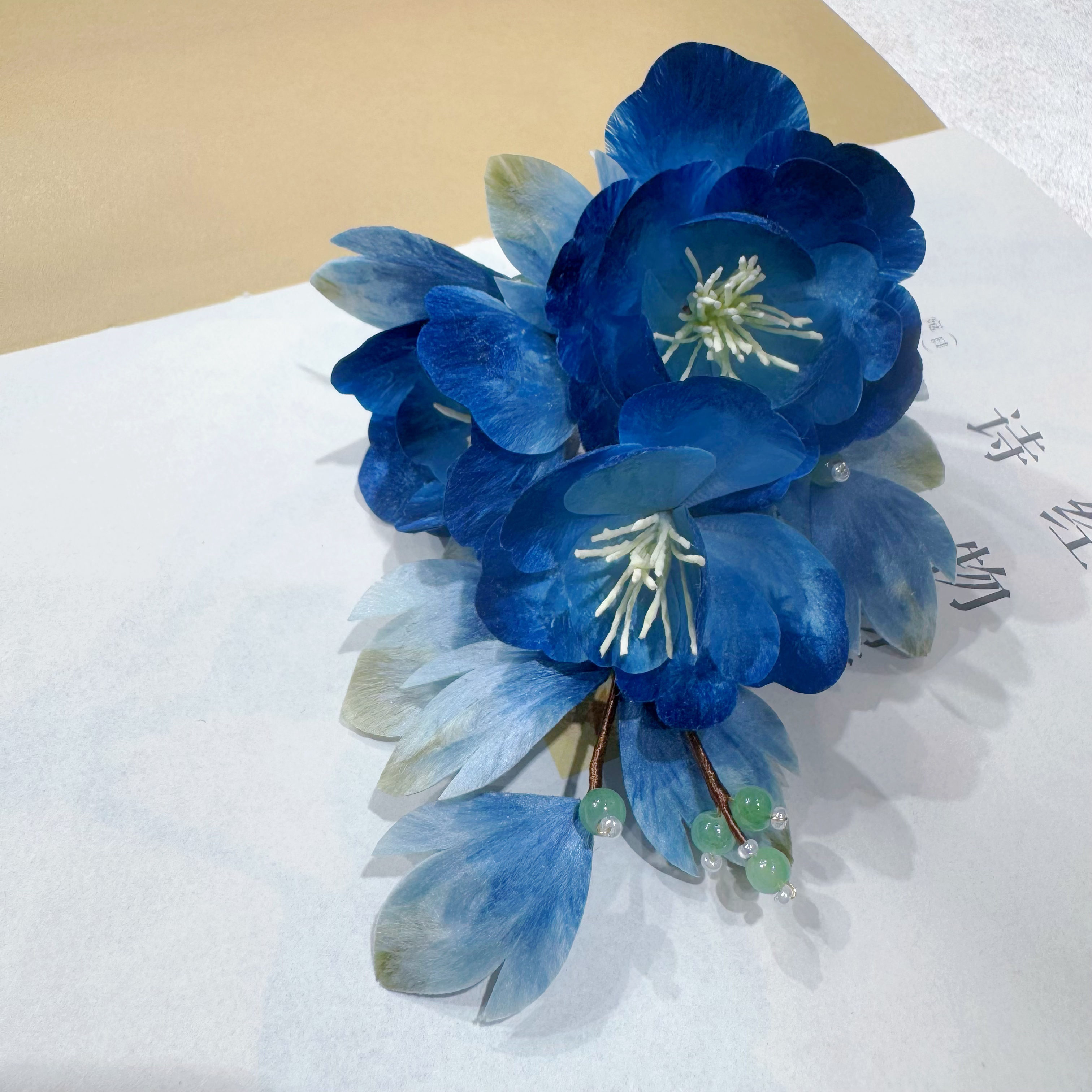 海棠花发夹 蓝色 非遗绒花工艺 日常国风仙女百搭款