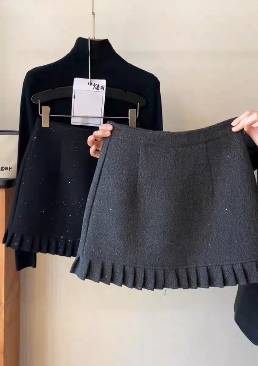 星空亮闪闪毛呢半身裙拼接花边小香风短裙2025秋冬新款灰色a字裙
