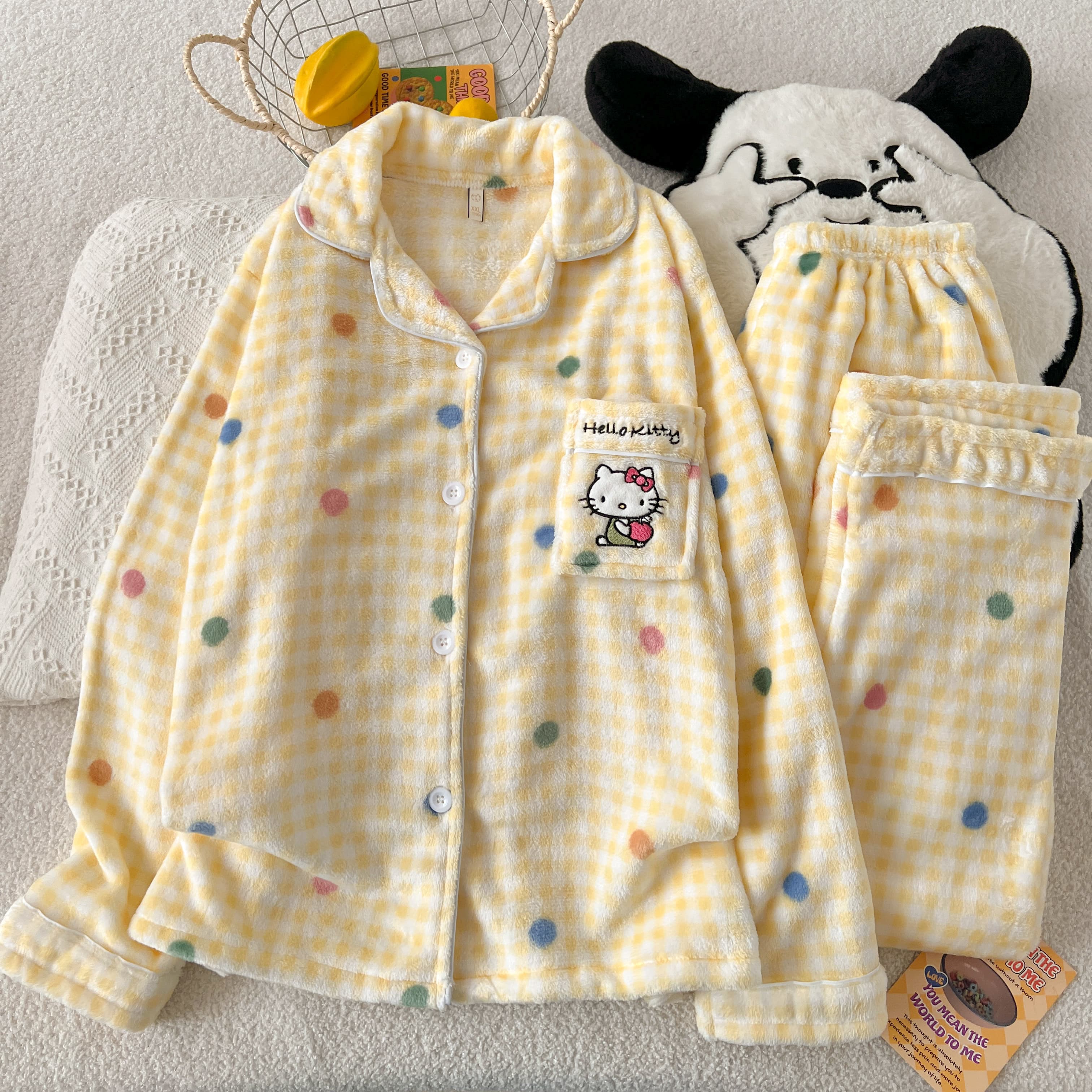 ins风翻领保暖设计家居服少女款舒适柔软法兰绒加绒加厚睡衣套装
