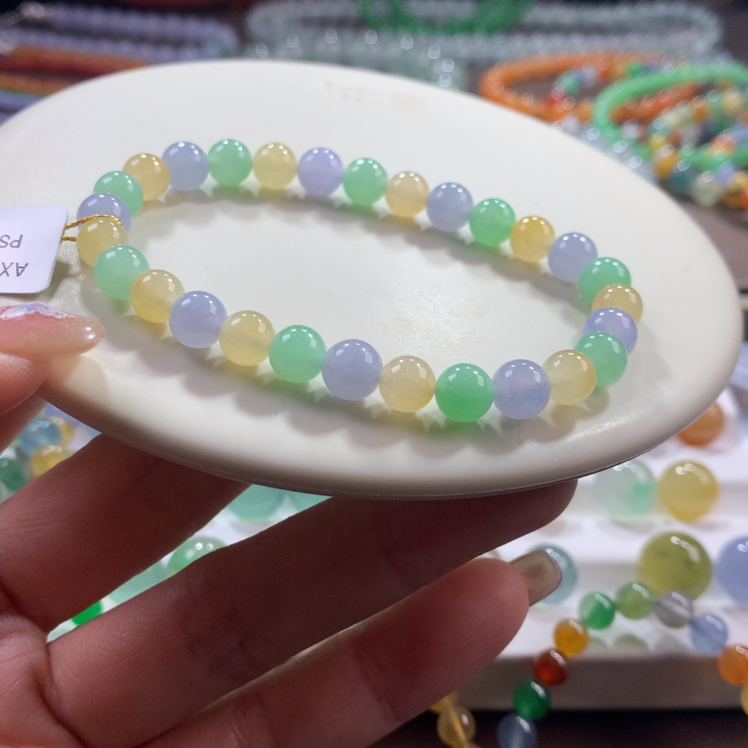 翡翠未镶嵌手链胶润梦幻三彩卡6.5