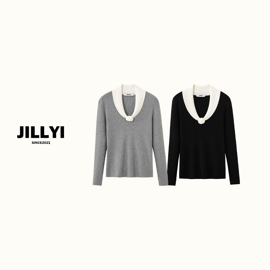 JILLYI南山店【茶花香调】黑灰两色领口小花时尚休闲百搭针织衫秋季