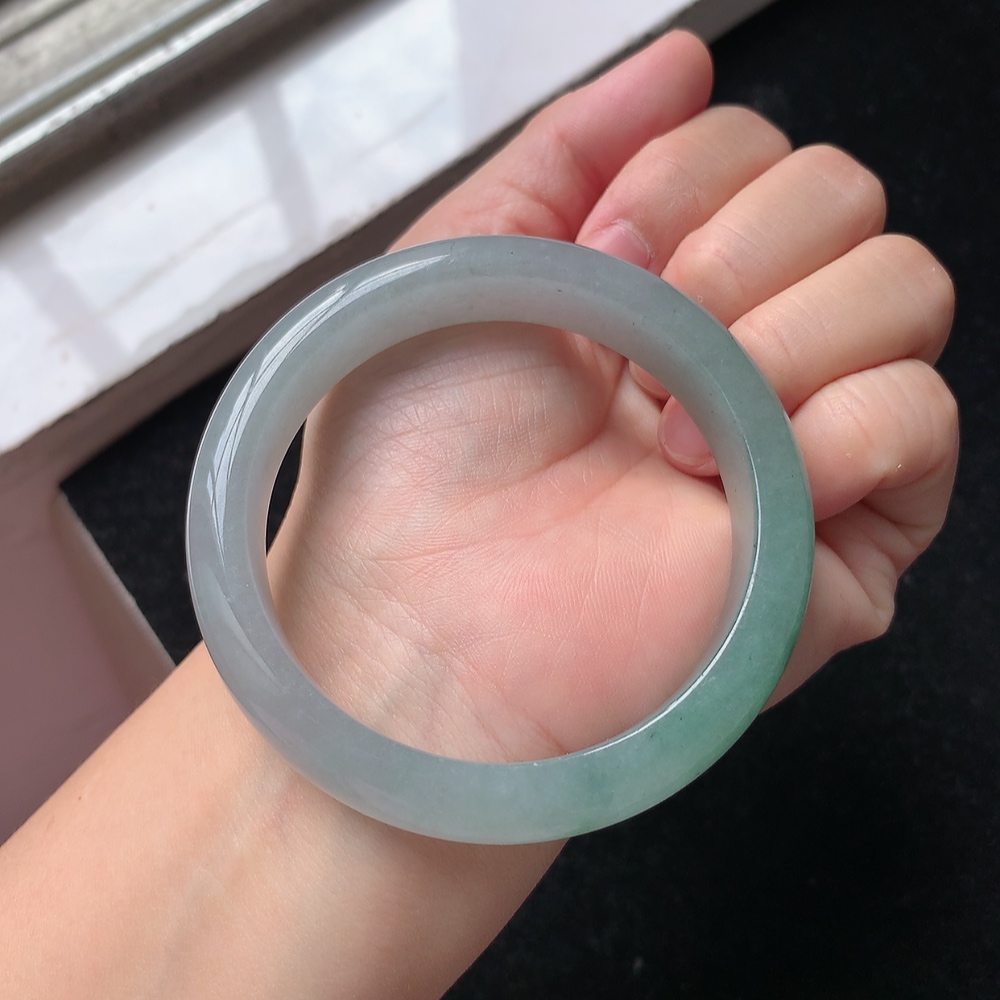 1578号 缅甸天然A货翡翠手镯57/58圈口冰润半山水宽边正装手镯