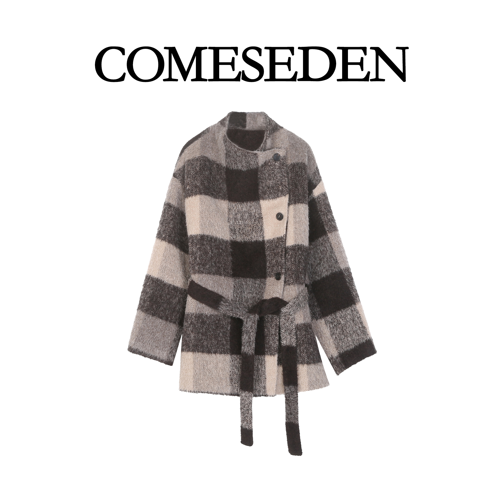COMESEDEN/卡曼丝汀25年秋冬新款时尚高级气质格子双面羊绒大衣