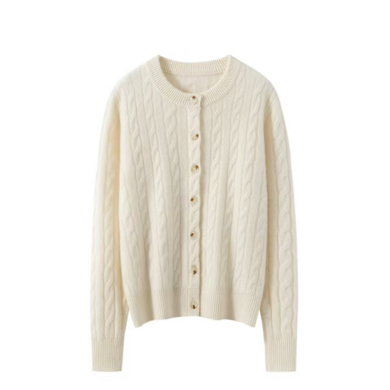 女士圆领麻花带扣羊绒开衫