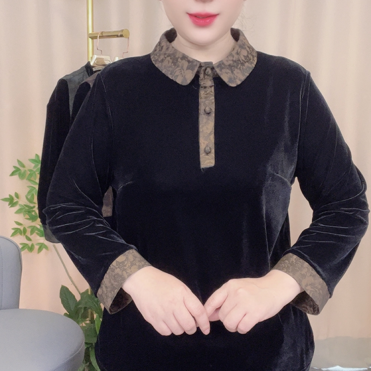 JR3136新款翻领丝绒大码宽松秋冬ins中老年女装上衣（衬衫领）