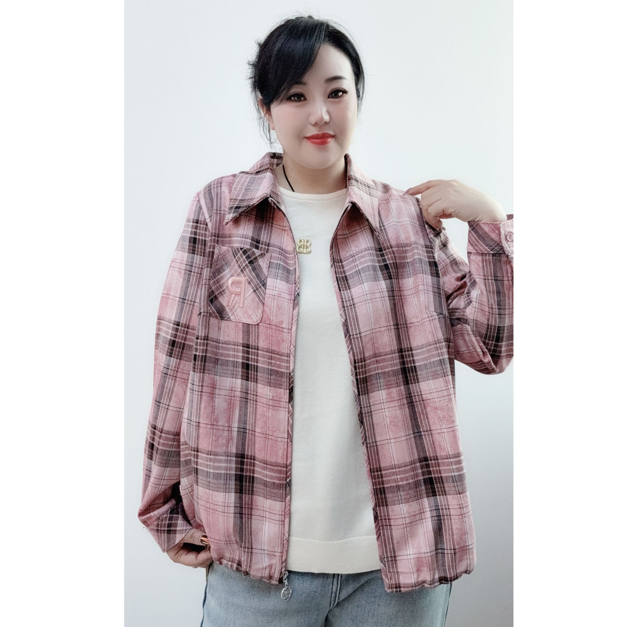 芮娜依莲1832欧洲站早春法式慵懒风重工格子衬衫外套女美式复古