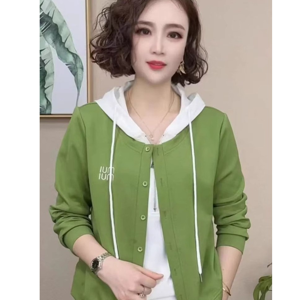 2025春秋新款时尚洋气撞色假两件连帽抽绳百搭显瘦遮肉上衣女外套