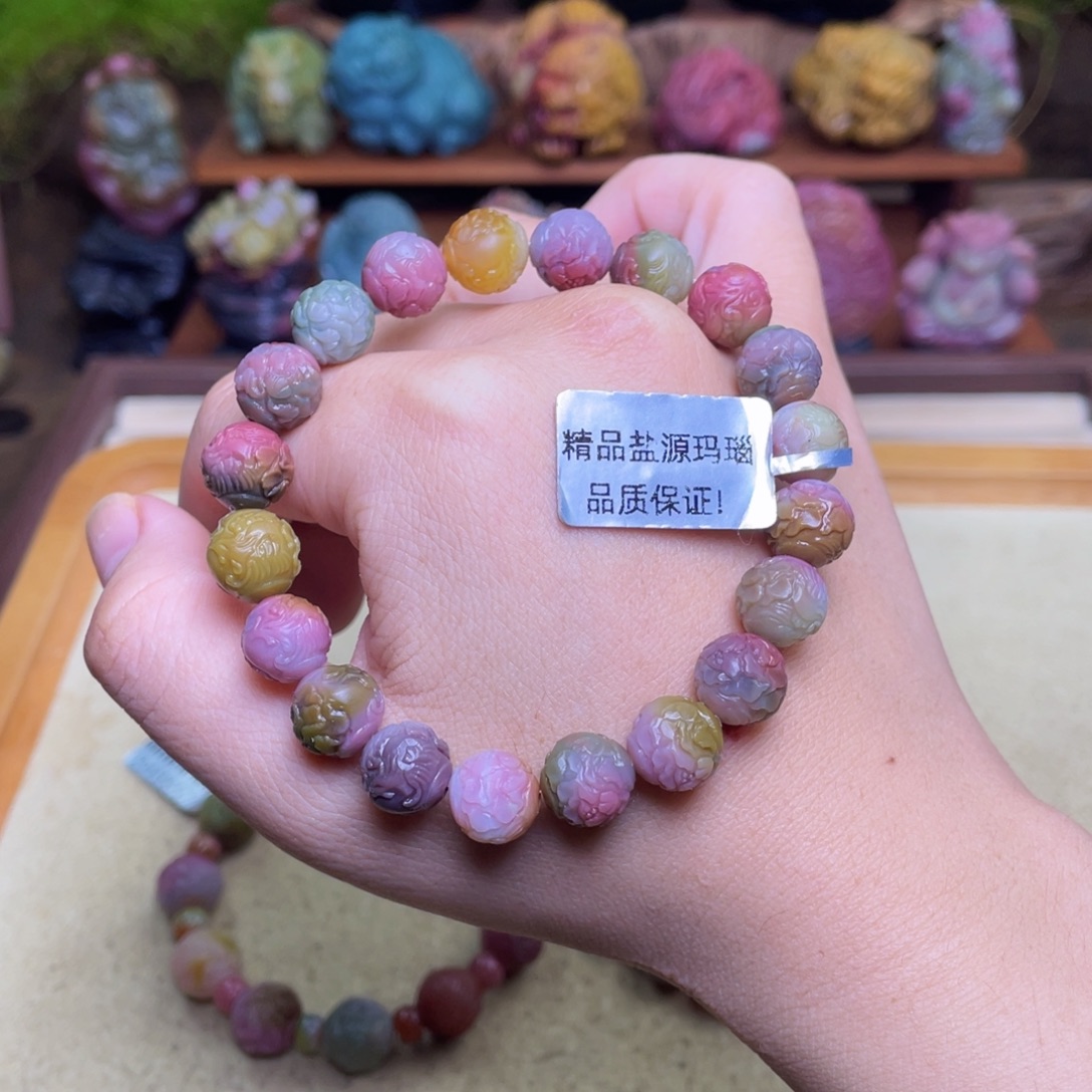 巧***酱玛瑙/玉髓未镶嵌手串盐源玛瑙凤穿牡丹