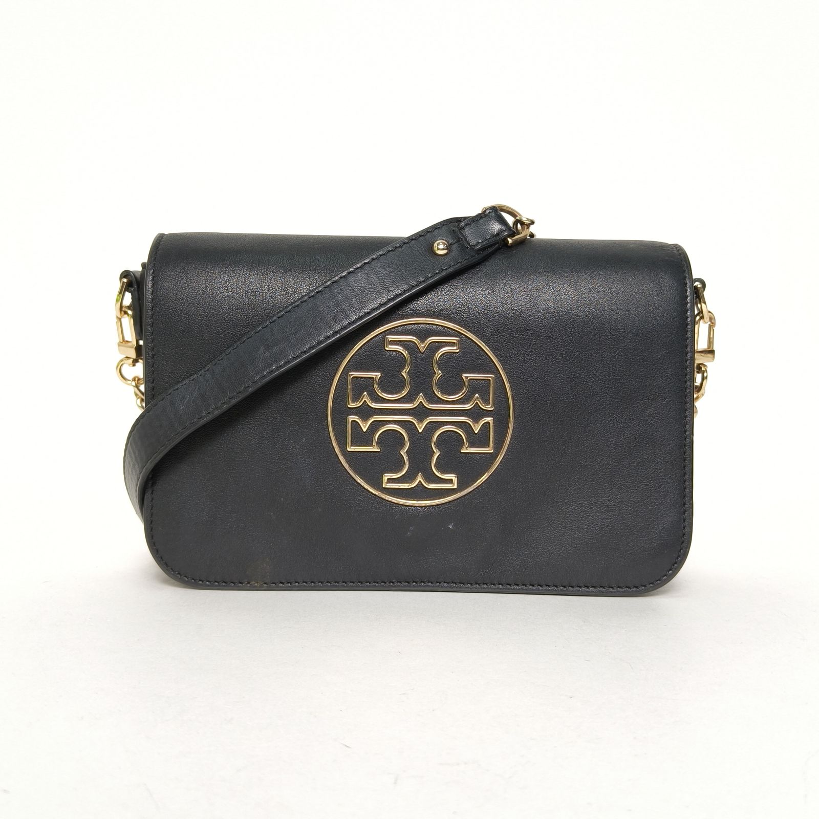 95新 TORY BURCH/汤丽柏琦 攀攀- 黑色 皮革C 经典logo 单肩包