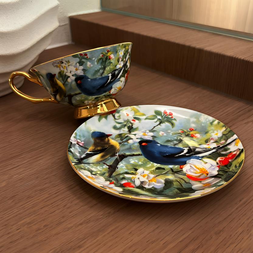 轻奢复古骨瓷咖啡杯碟适合精致下午茶（绿鸟系列）