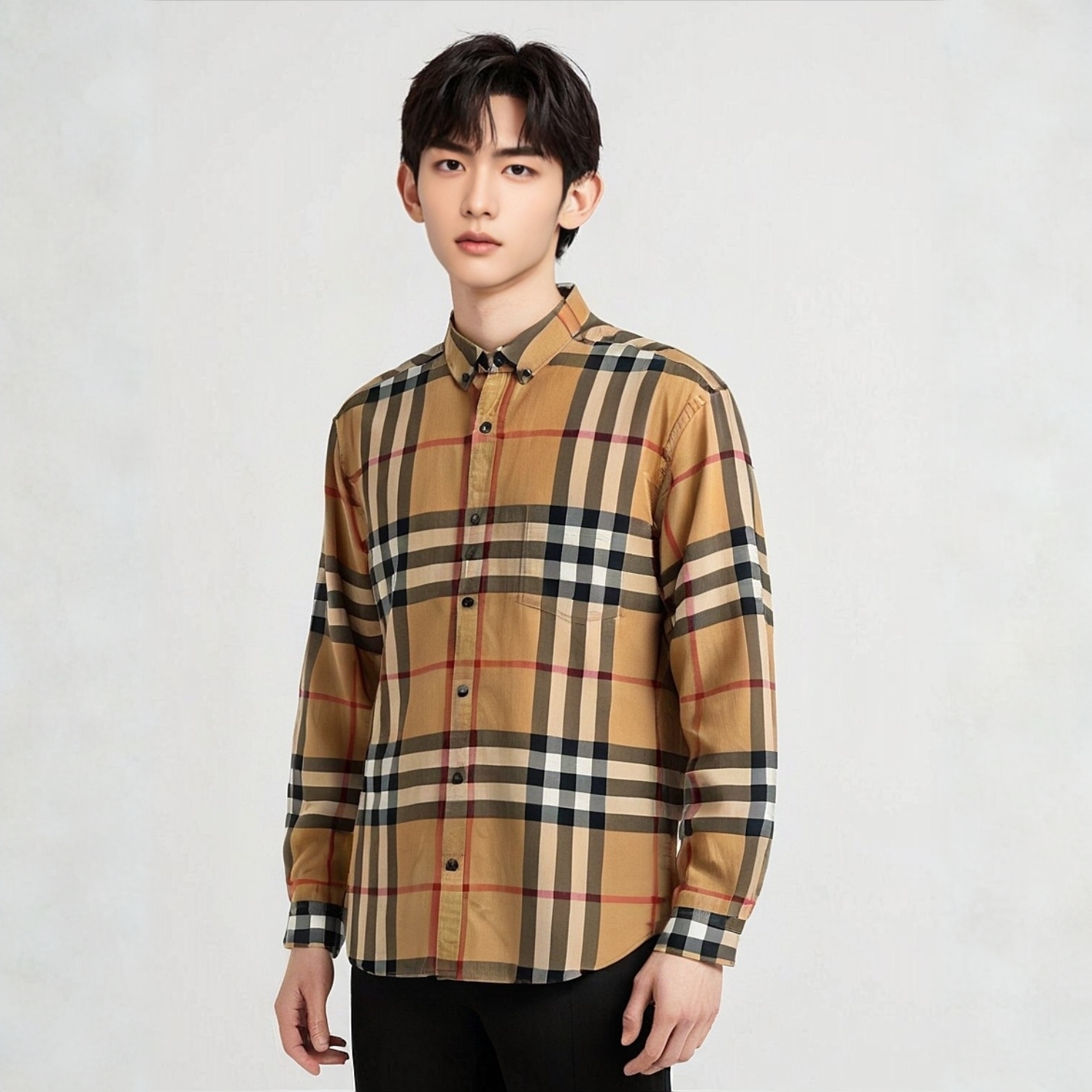 95新 BURBERRY/博柏利 16347778 格纹翻领衬衫 驼色 S码