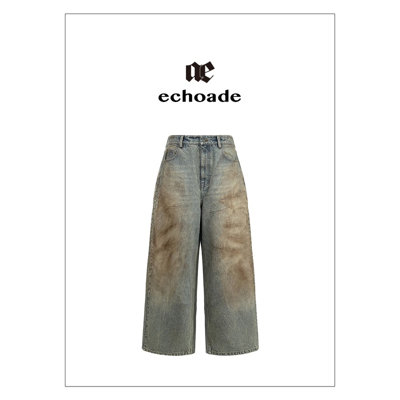 【茉舍】ECHOADE做旧水洗宽松直筒剪裁牛仔长裤EA254K1310-1180