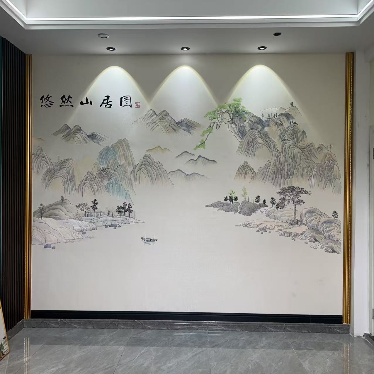 泓伟布艺【悠然山居图】新中式背景墙绣元代一江两岸山水财运滚滚来