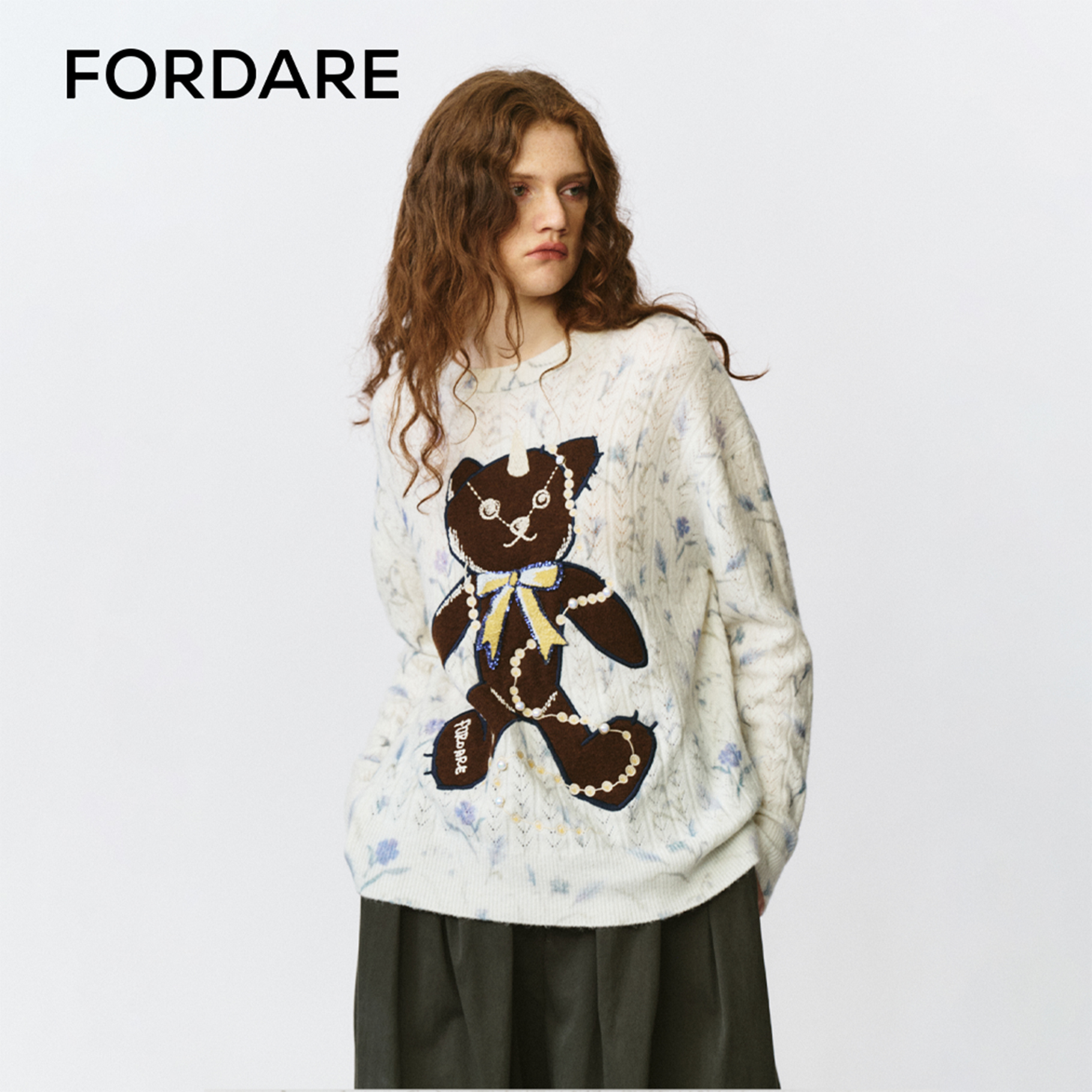 FORDARE 福蝶 25冬季新品 碎花底珍珠小熊马海毛套头衫长袖3512