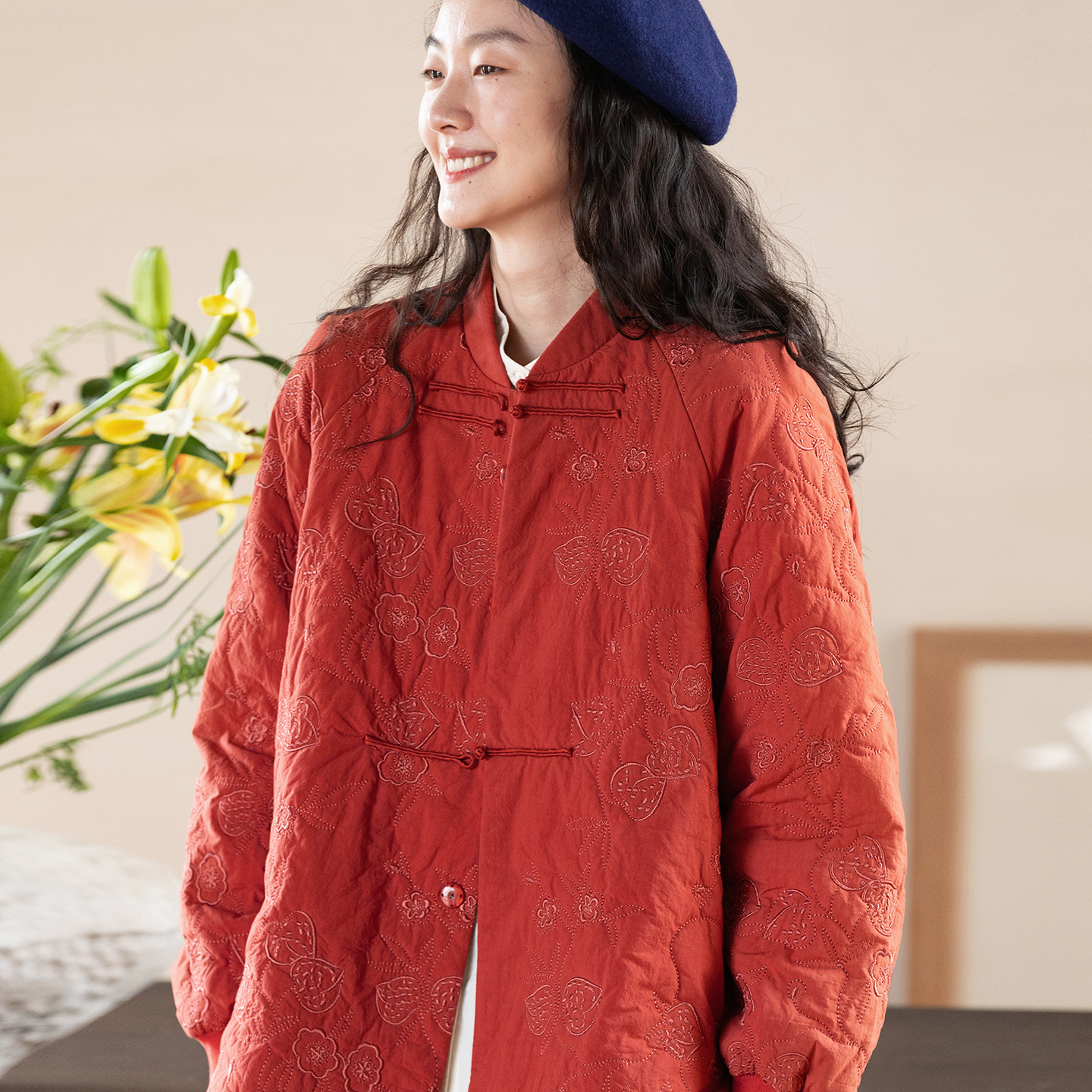 牧衣游原创 60支机绣涧棉棉衣薄款新中式红色复古宽松棉服 一见喜