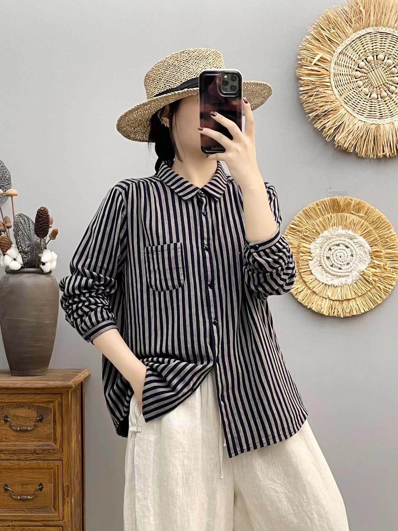 8514纯棉双层棉纱条纹长袖衬衫韩版时尚衬衣宽松显瘦减龄上衣女