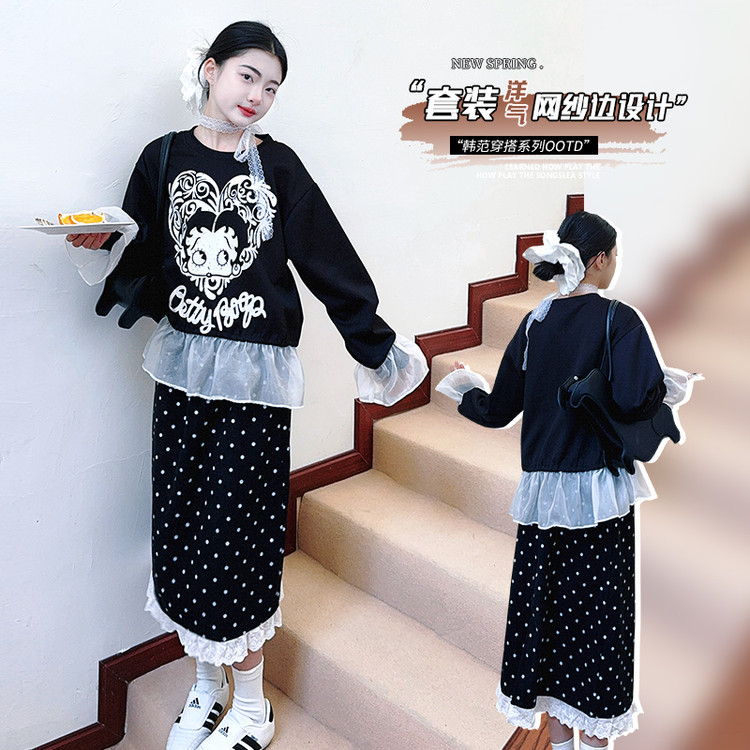 新亲子款蕾丝花边印花圆点套裙卫衣半身裙套装圆点百搭学生儿童甜