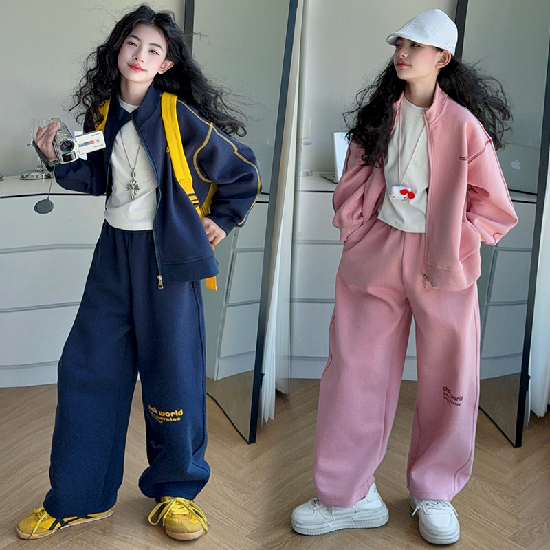【嘻嘻柚】女童秋季中大童撞色针织套装松弛感休闲时尚潮流宽松洋气