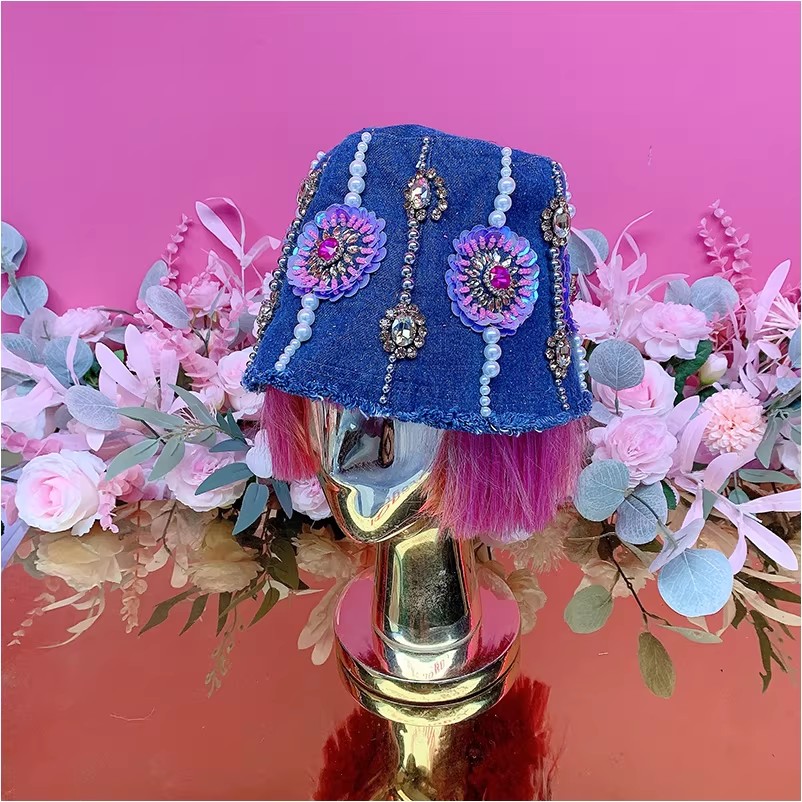 X22603欧美设计师2025秋季新款钉珠刺绣亮片立体花朵牛仔渔夫帽子