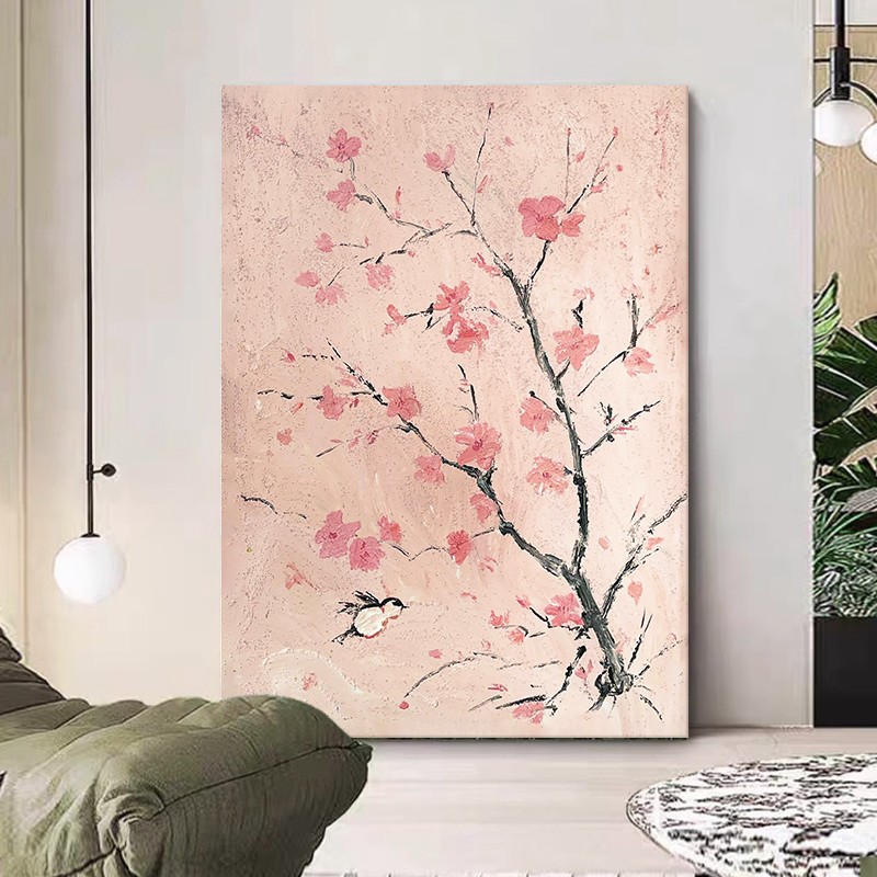 新中式花卉纯手绘油画卧室玄关粉色梅花客厅装饰画石英砂肌理挂画