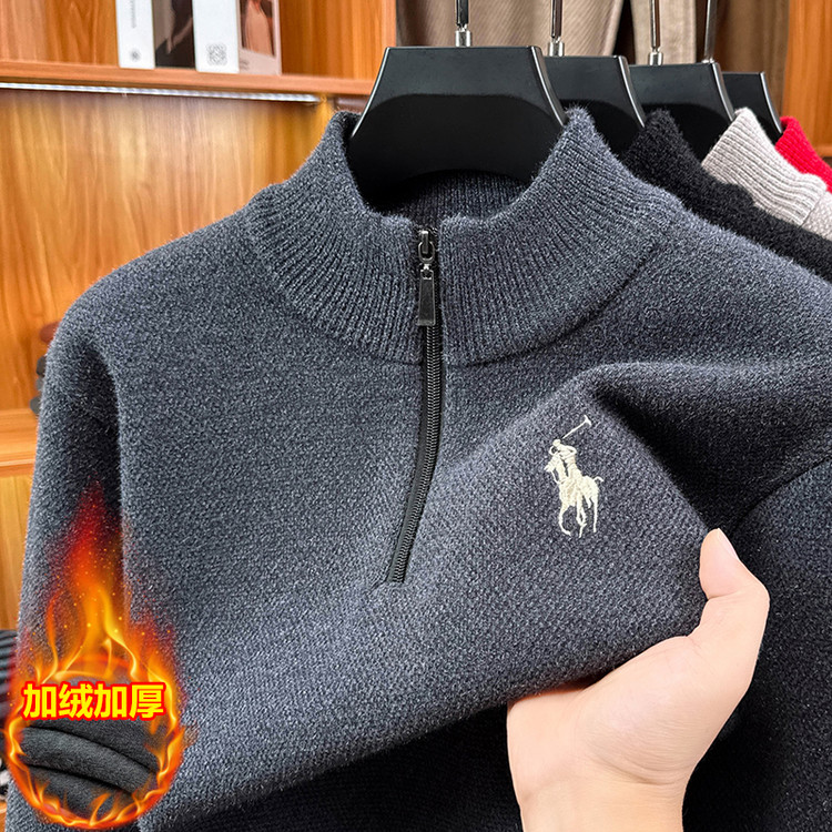 男士秋冬季半拉链加绒针织衫含羊毛加厚毛衣小马标刺绣打底衫保暖