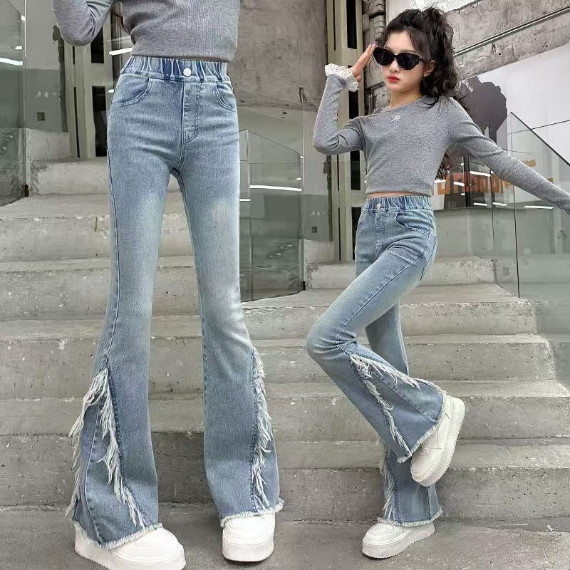 女童裤子春秋装洋气儿童中大童毛边喇叭裤春款修身弹力韩版牛仔裤