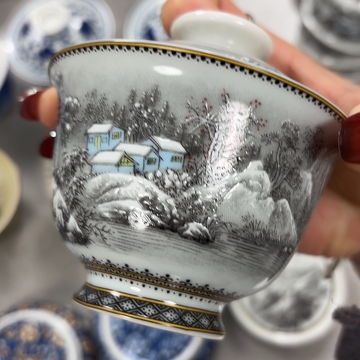 摆件陶雪景两才盖碗