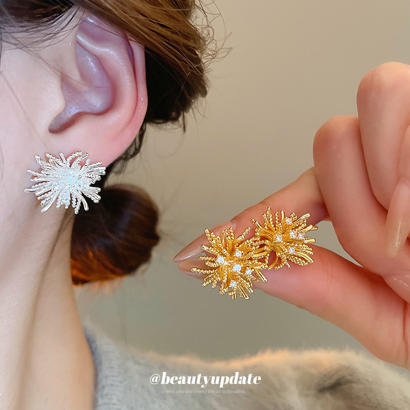合金耳饰 璀璨烟花~立体层次感锆石烟花耳钉简约精致耳环气质女