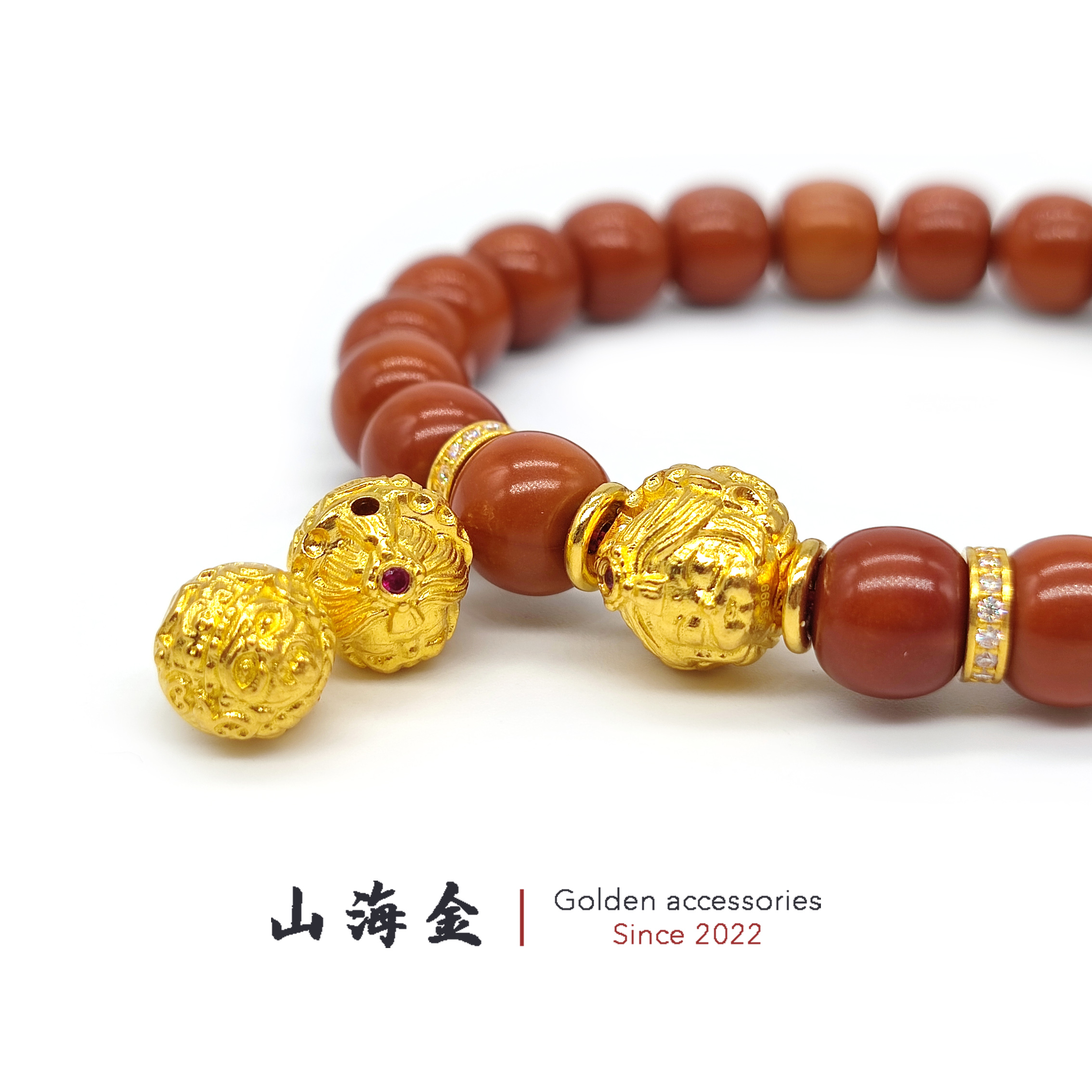 山海金 24K纯黄金999足金扎基拉姆宝宝圆珠隔珠文玩手串配饰