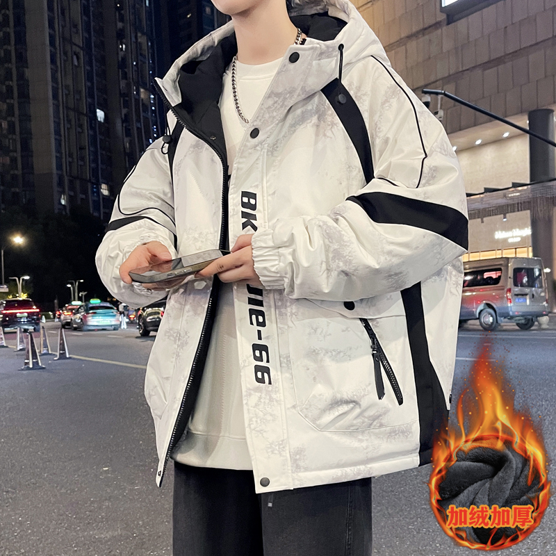 冬季加绒加厚连帽外套宽松百搭印花上衣拼色潮流青少年休闲棉服