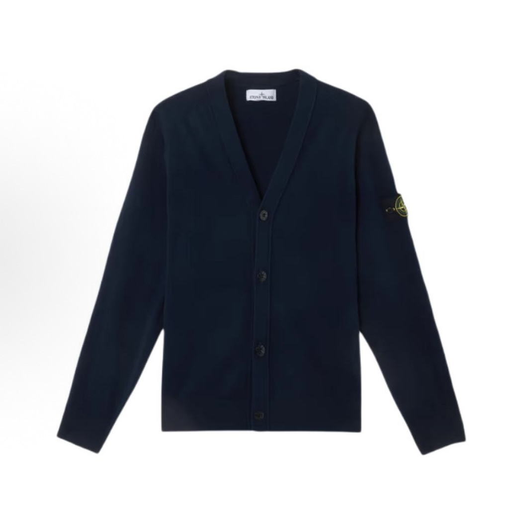 【纯羊毛】Stone Island石头岛25新款V领开衫针织毛衣外套海军蓝色