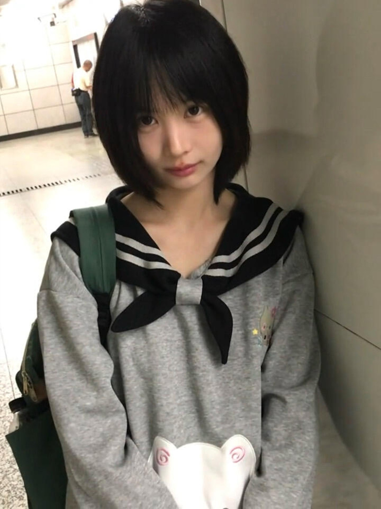 可爱小猫刺绣海军领拼色长袖卫衣女春秋宅萌百搭宽松慵懒风jk外套