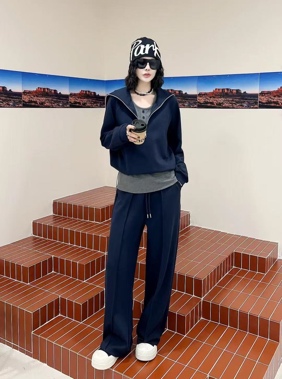 秋款新款学生150斤微胖女装休闲显瘦上衣搭配阔腿裤休闲运动套装