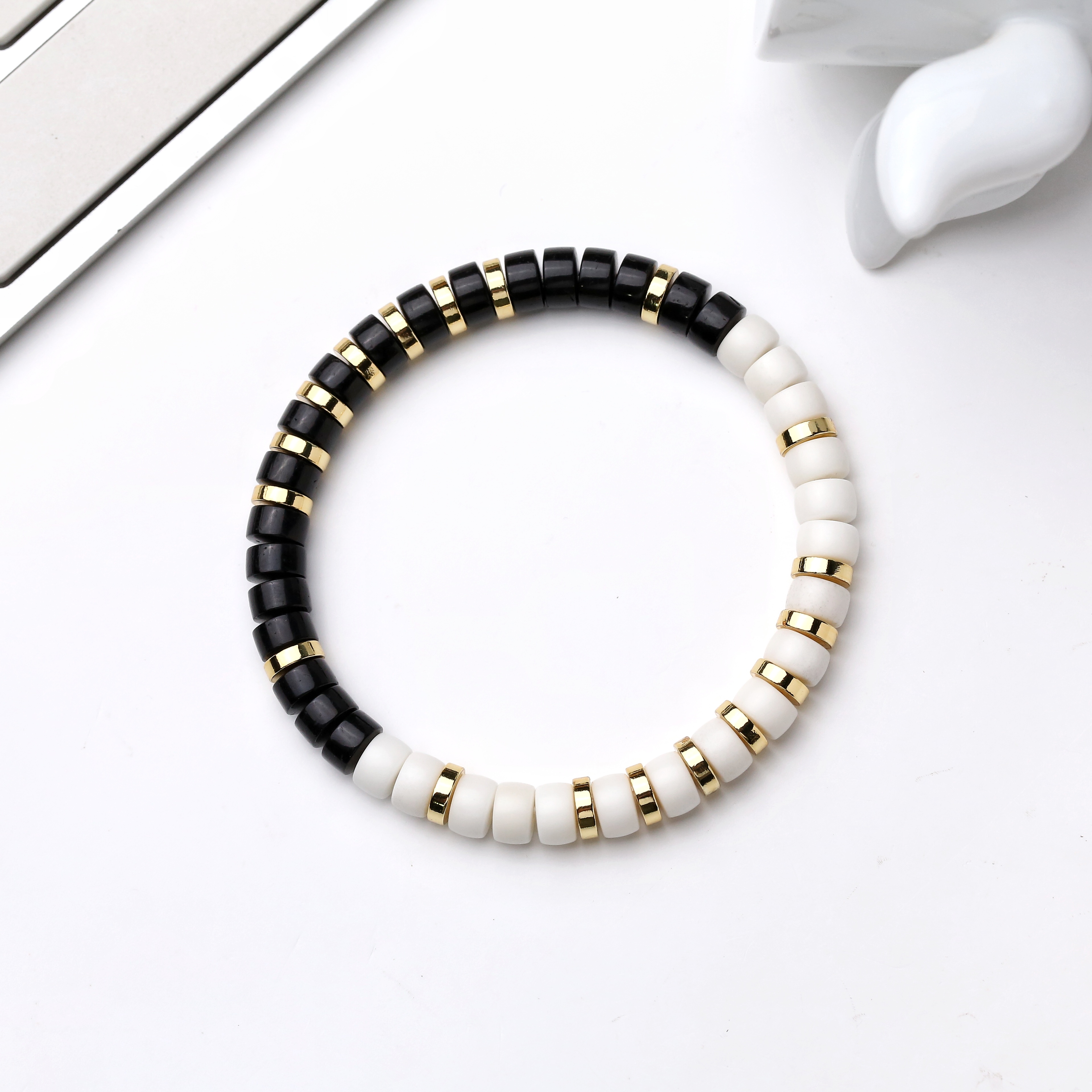 百顺文玩 黑金椰蒂 白玉菩提-太极秦款-中式轻奢椰蒂白玉菩提手串