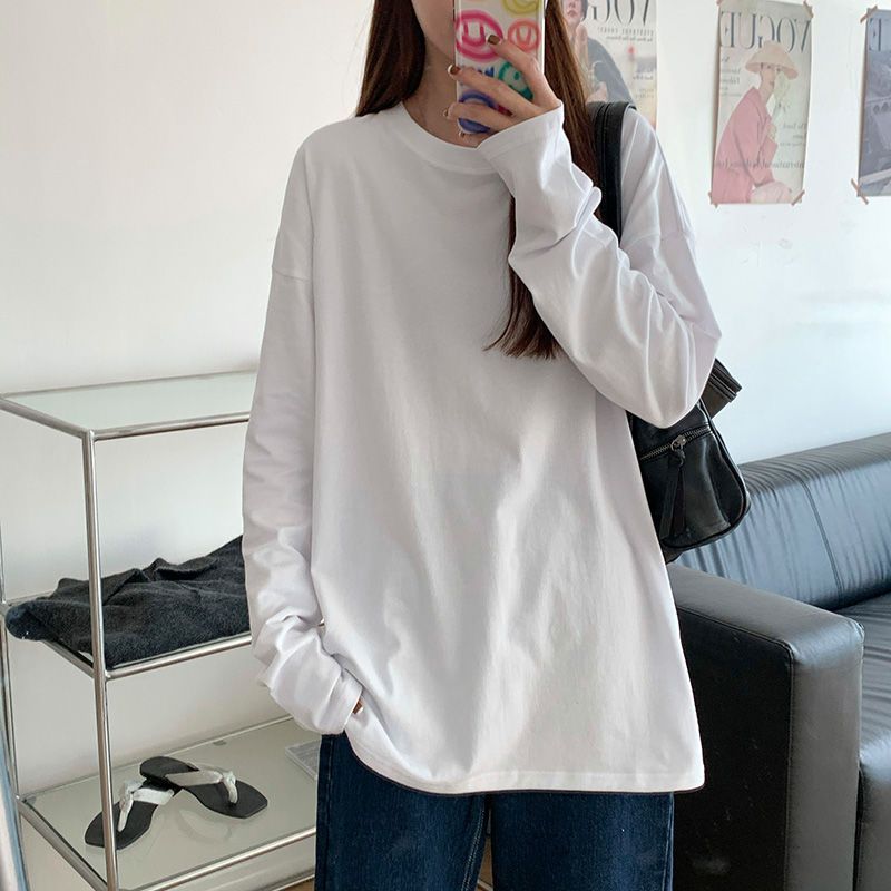 新款长袖T恤女宽松白色纯棉打底衫秋冬内搭上衣慵懒风简约纯色百搭圆领