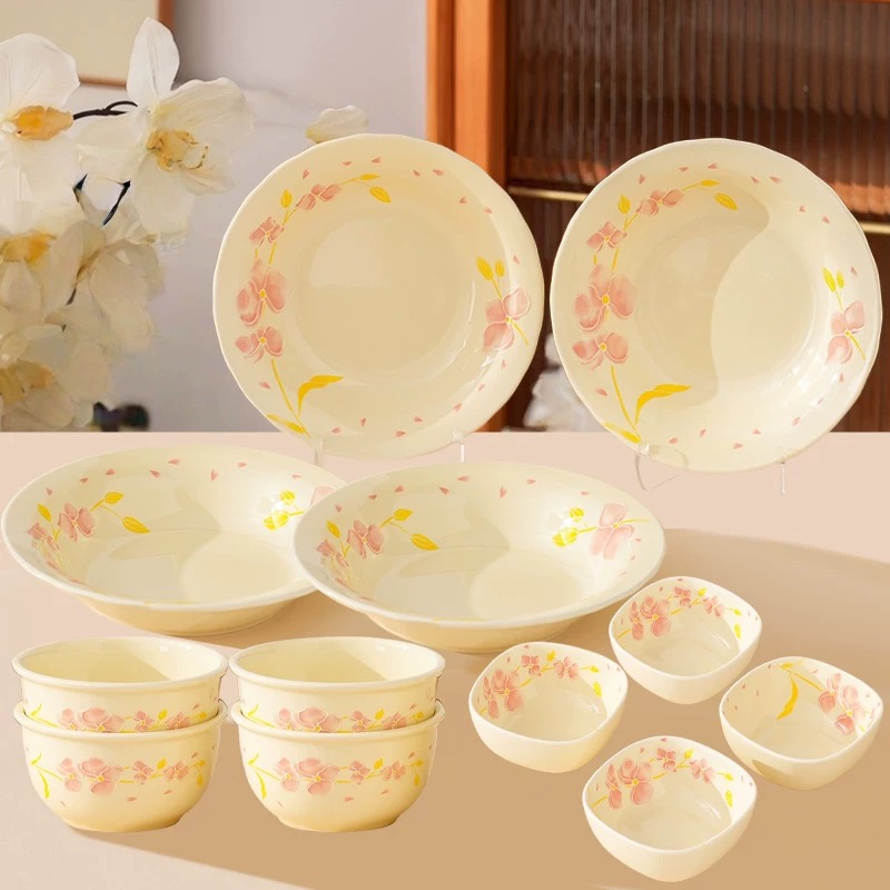 【茉兰希】12件套家用陶瓷手绘浮雕釉下彩餐具奶油风米饭碗菜盘味碟