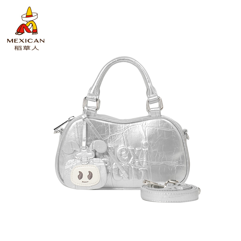 稻草人2025新款压纹亮面手提波士顿包包大容量斜挎包包女士