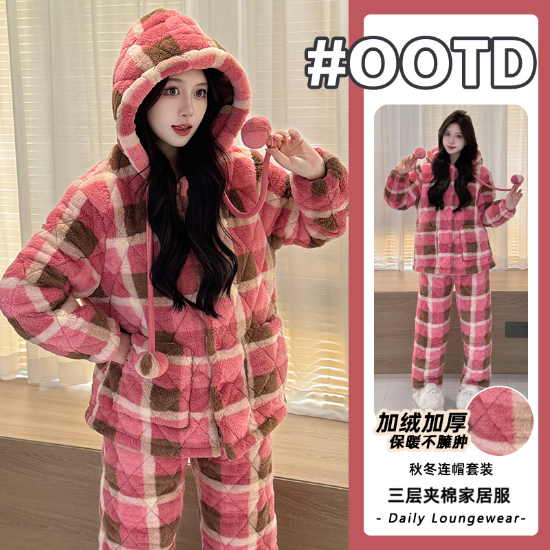 【加加厚-更保暖】草本初色三层夹棉睡衣女连帽冬季保暖家居服套装商品图