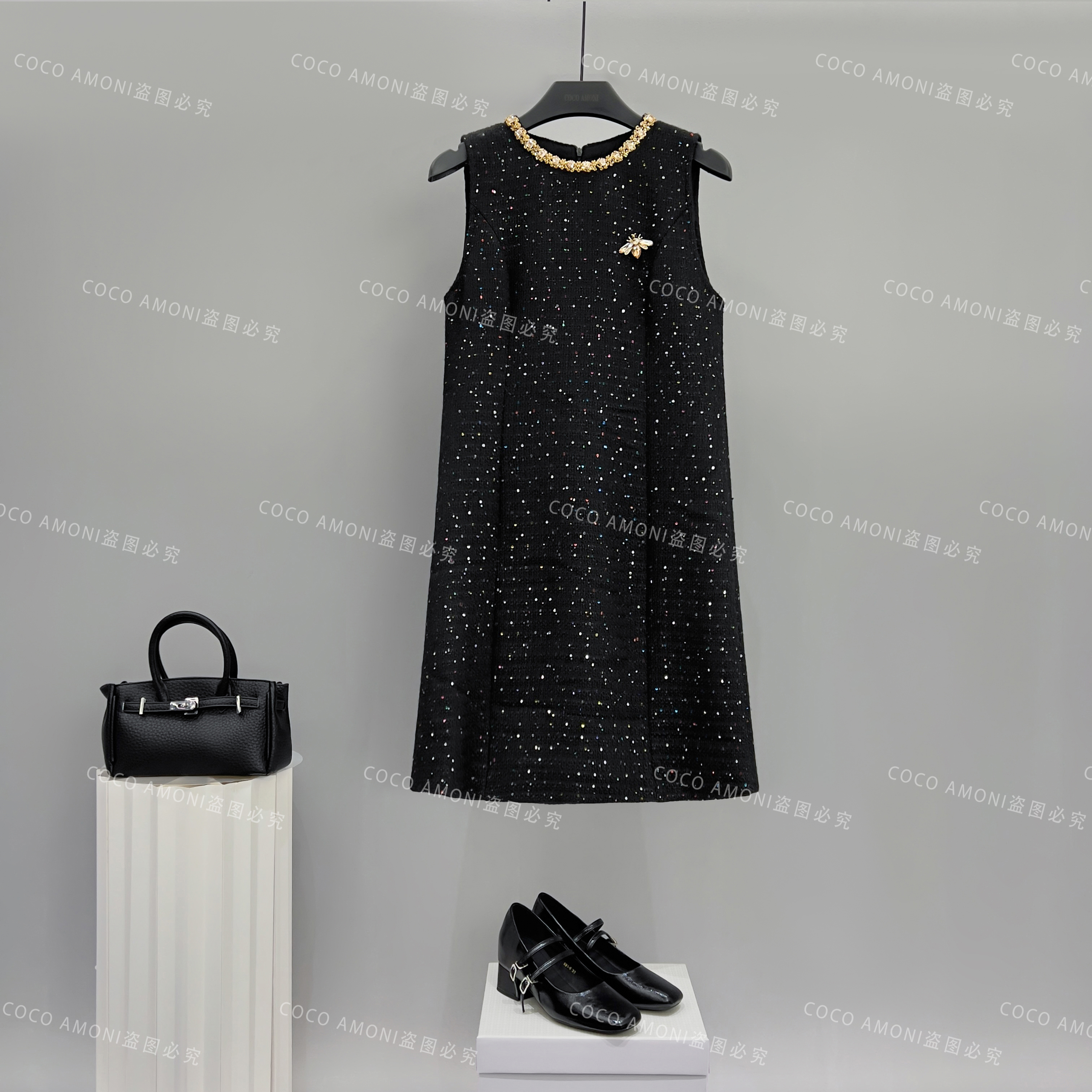 时尚设计高级感夏日原创女装拼接重工亮钻显瘦气质连衣裙WX1188