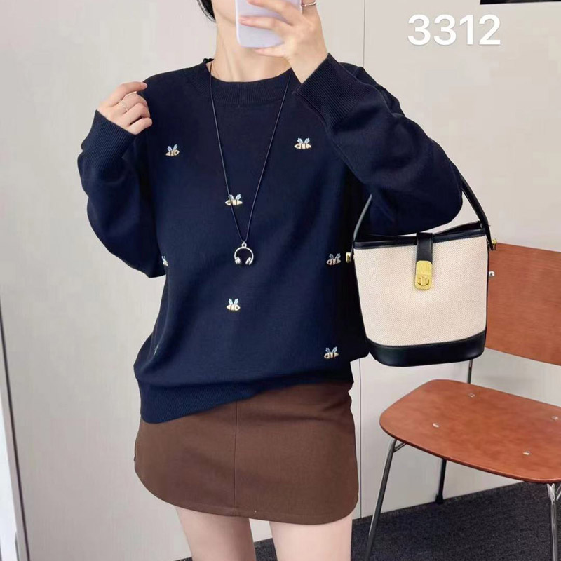欧货大码女装冬新款胖mm针织衫刺绣蜜蜂套头长袖圆领毛衣百搭3312