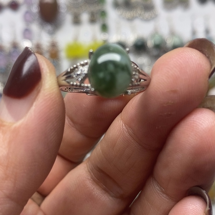 蛇纹石玉戒指银S925镶嵌