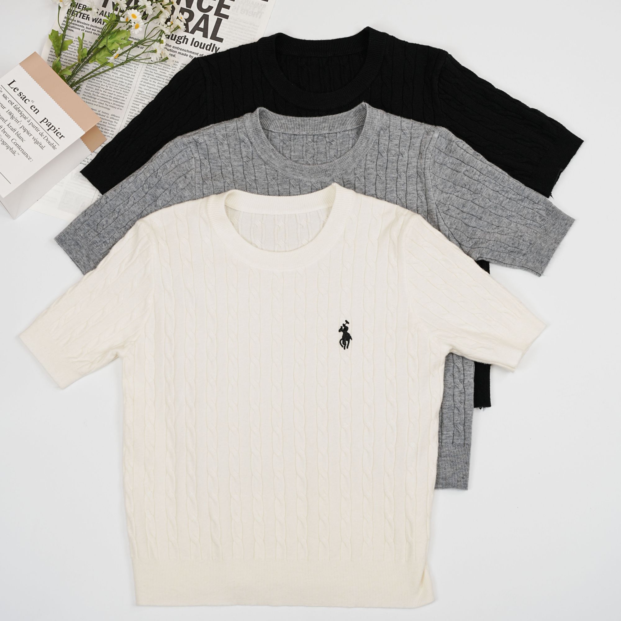 刺绣小马麻花短袖针织衫上衣女圆领T恤修身打底上衣2581